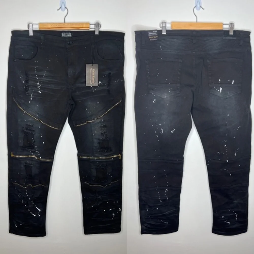 NEW Grey Earth paint splatter moto zipper skinny jeans 42